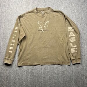 American Eagle Long Sleeve Shirt Mens Large Green Oversized Graphic Logo Tee